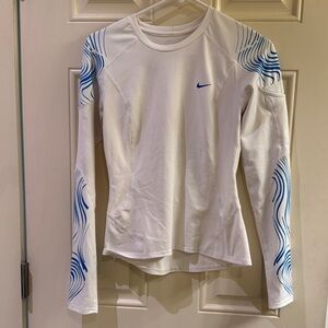 Nike White Long-Sleeve Athletic Top with Blue Wave Accents